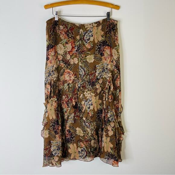 Nygard brown pink cream silk floral ruffle boho cottagecore midi skirt 14 - Picture 5 of 7